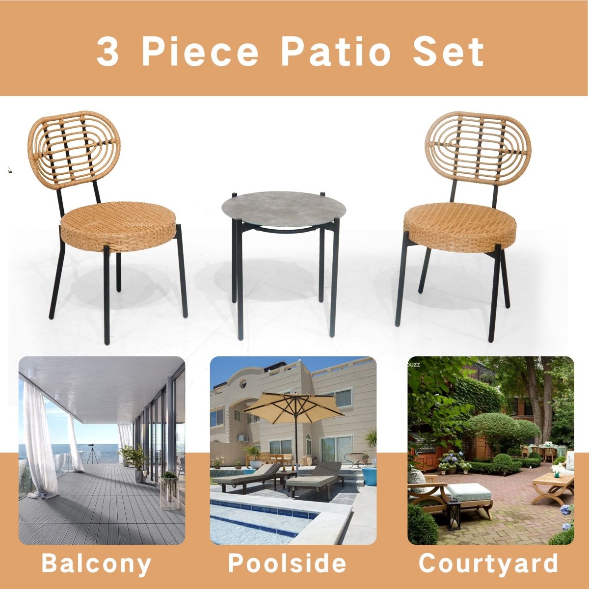 3 Pieces Of Luxury Outdoor Wicker Furniture - Patio Bistro Style Table And Chair Combination - Qreatrz Fashion and Design LLC