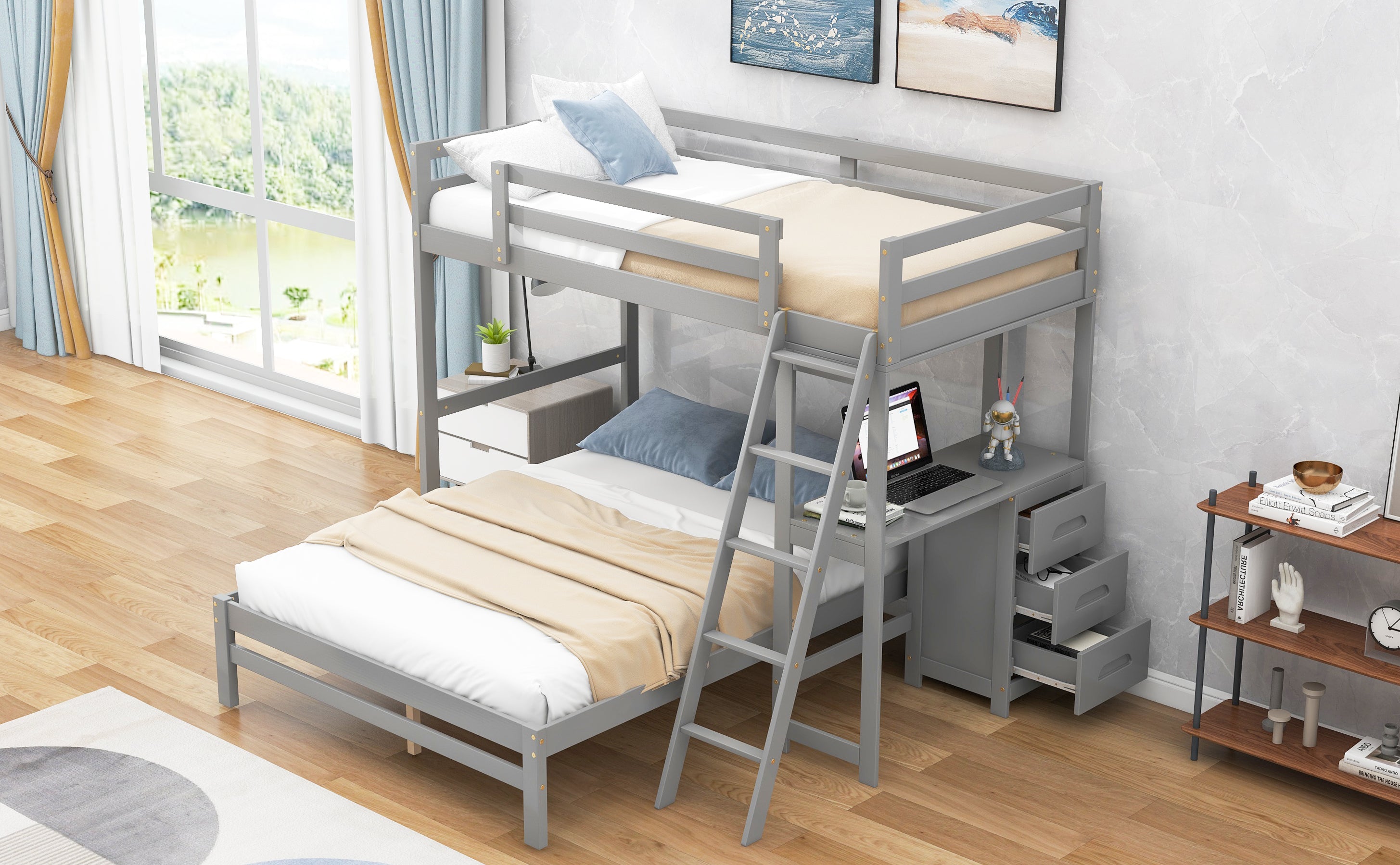 Twin over Full Bunk Bed with Built-in Desk and Three Drawers Grey