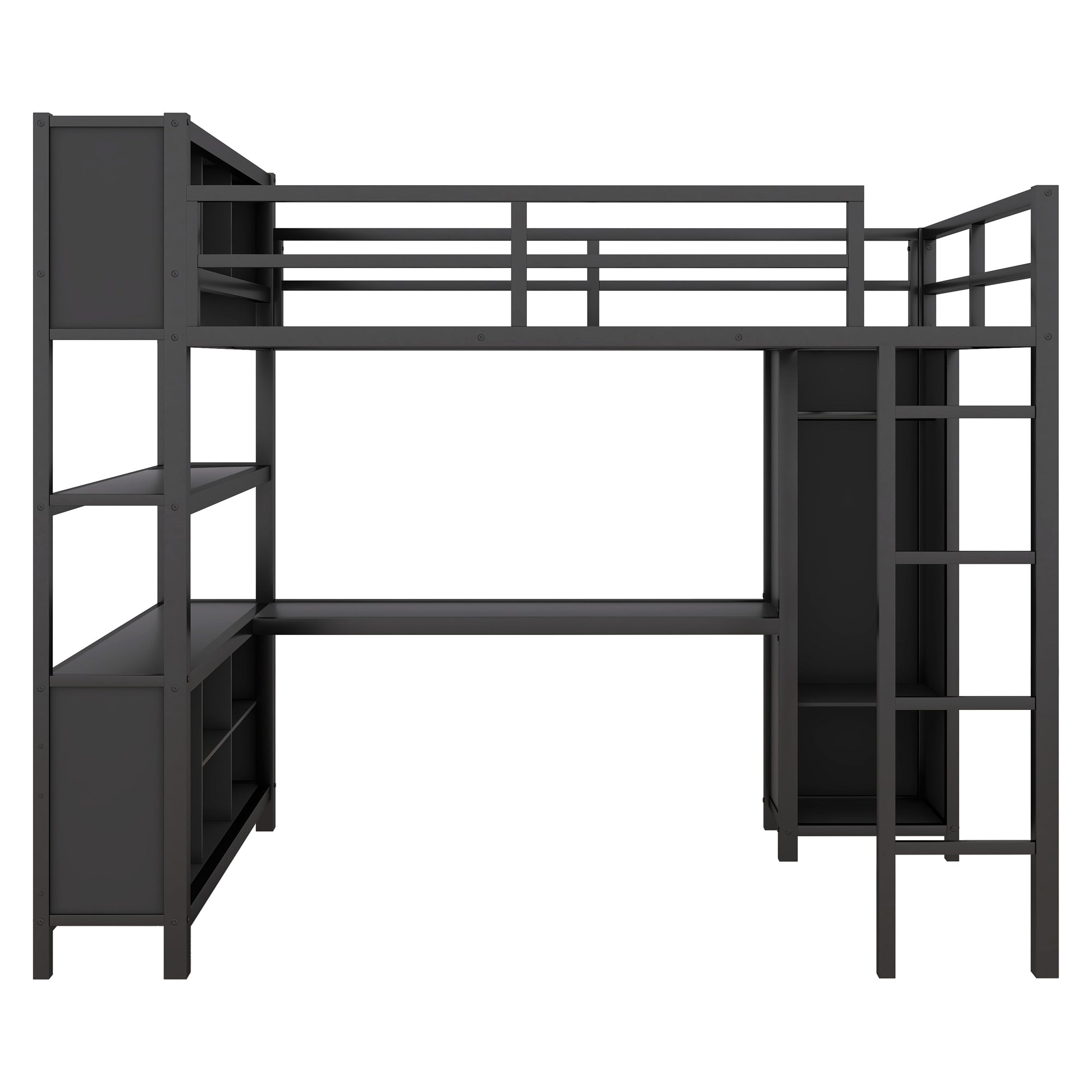 Metal loft bed with wardrobe and L-shaped desk, full-size loft bed with storage cabinet and shelf, heavy-duty loft bed, black