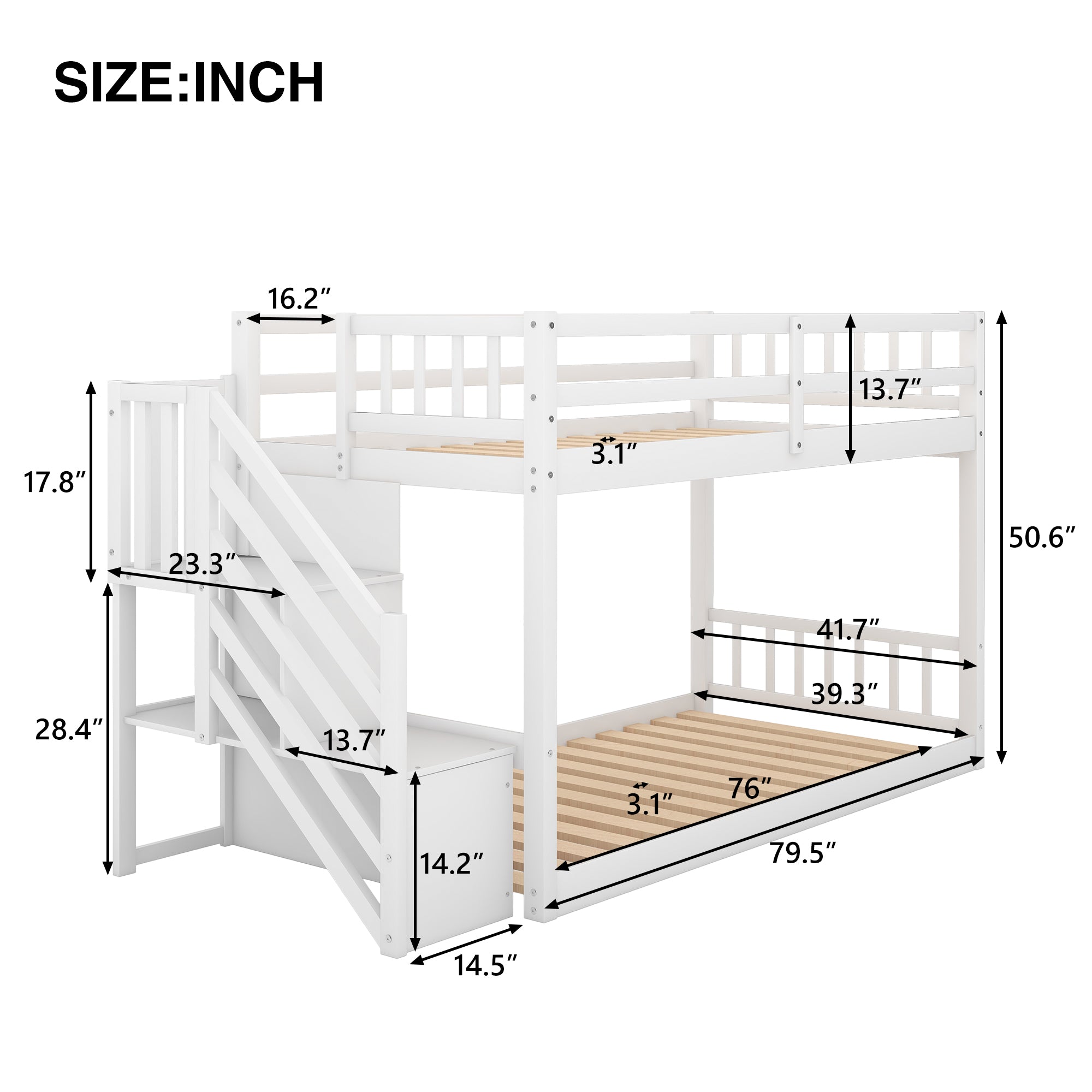 Litera de dos plazas sobre dos plazas, escalera con espacio de almacenaje, color blanco