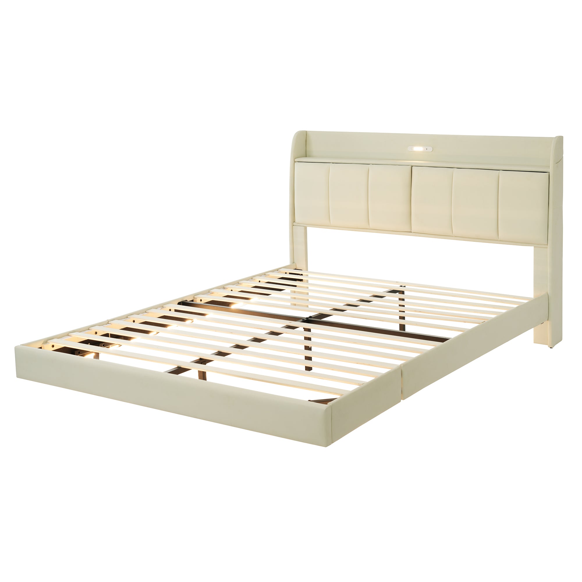 Large floating bed frame with storage headboard, touch sensor, night light and USB charger, padded platform bed, beige color