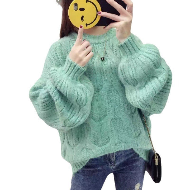 Lantern sleeve Fried Dough Twists sweater women's solid color pullover sweater lazy half high collar bottoming sweater thick