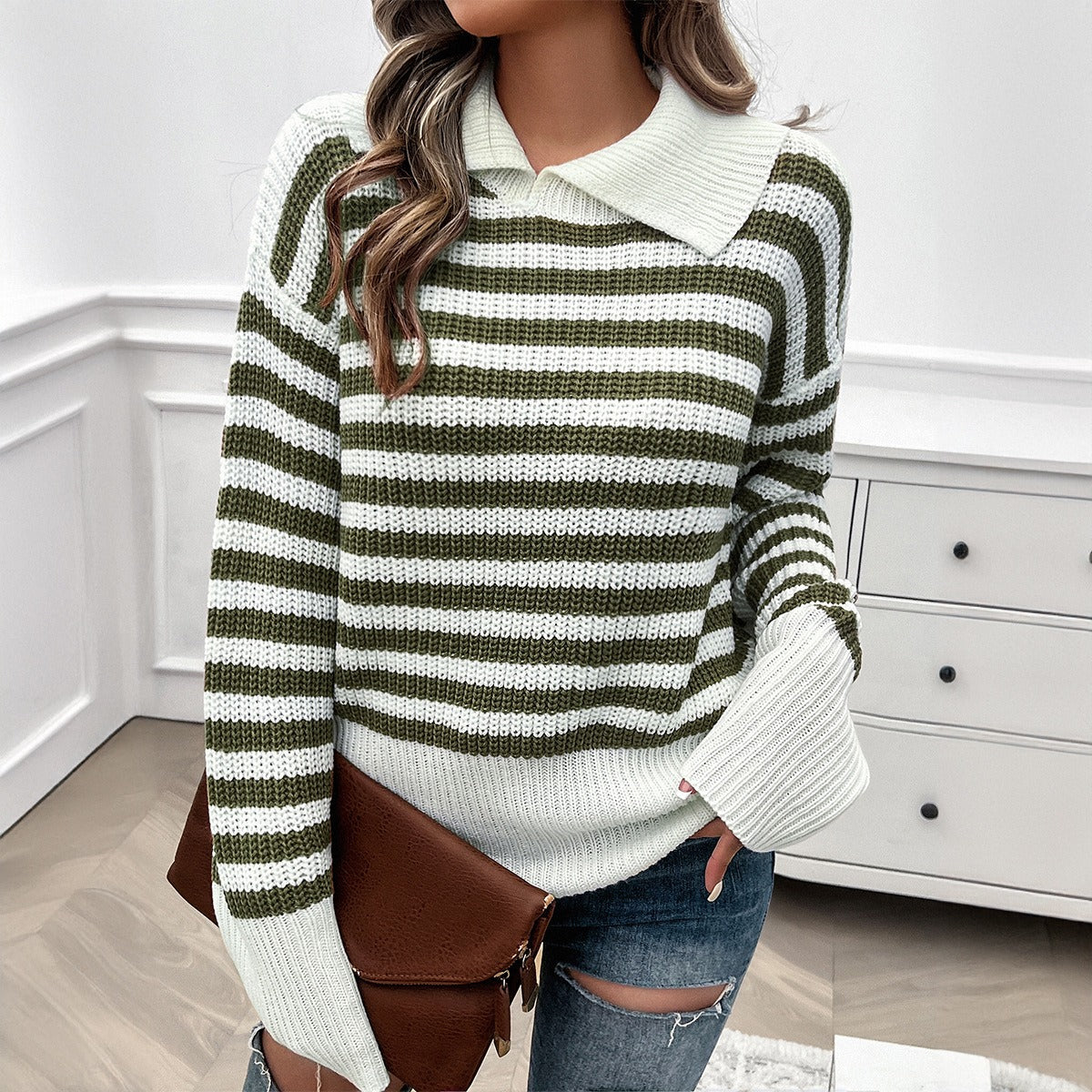 European and American autumn and winter top women's casual loose collar striped long sleeved sweater for women