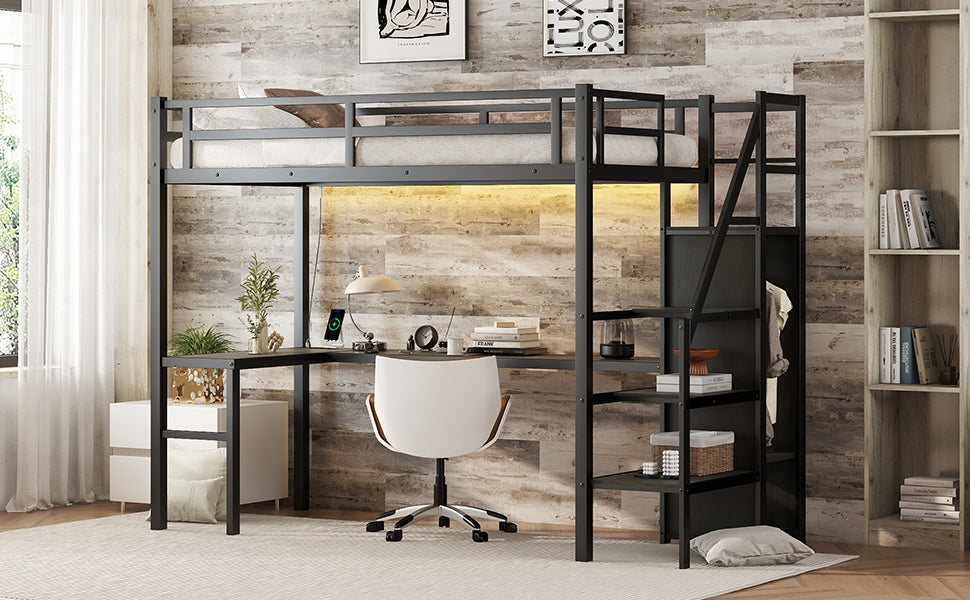 Twin XL loft bed with L-shaped desk and USB, metal loft bed with wardrobe and adjustable shelf, LED loft bed, black