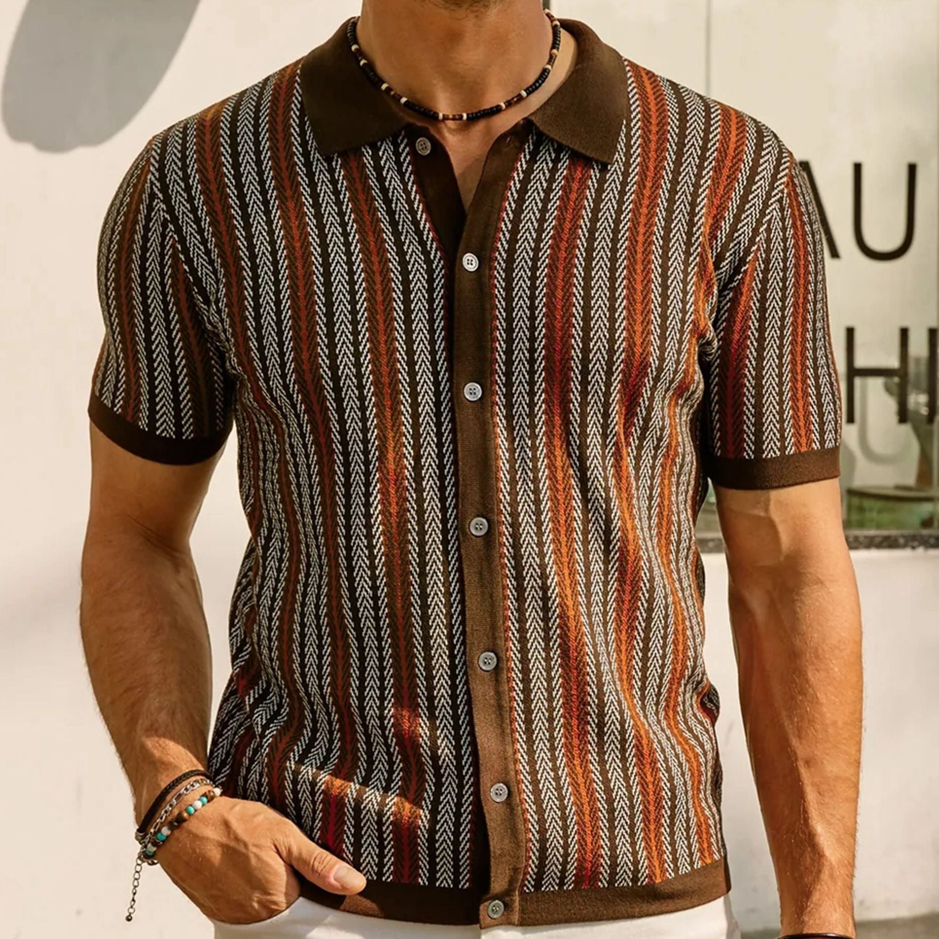 Pull tricoté à manches courtes, nouveau polo d'affaires rayé en jacquard