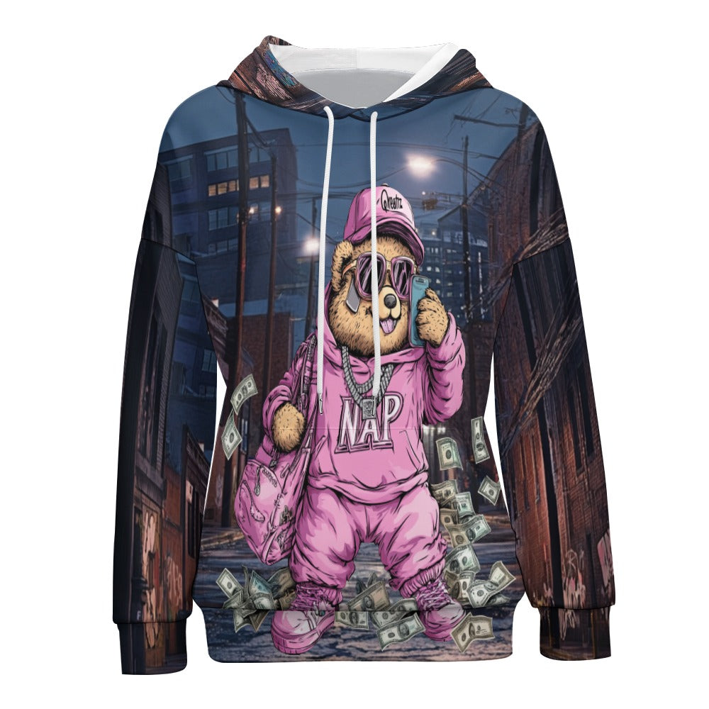 Sudadera con capucha de manga caída Qreatrz Pink Naptown Indiana Bear in the Street