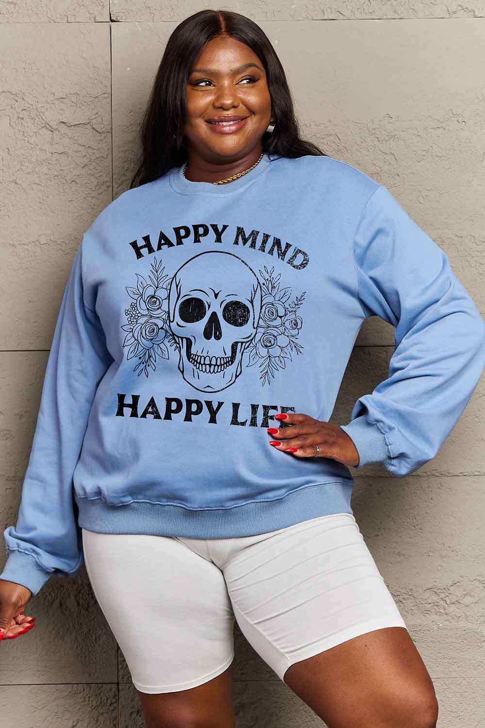 Sudadera con gráfico de calavera Simply Love Simply Love de tamaño completo HAPPY MIND HAPPY LIFE