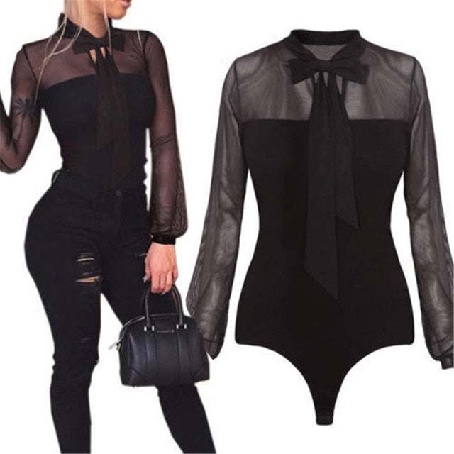 Body d'été sexy pour femme avec nœud noir et col montant en patchwork à manches longues et hauts transparents