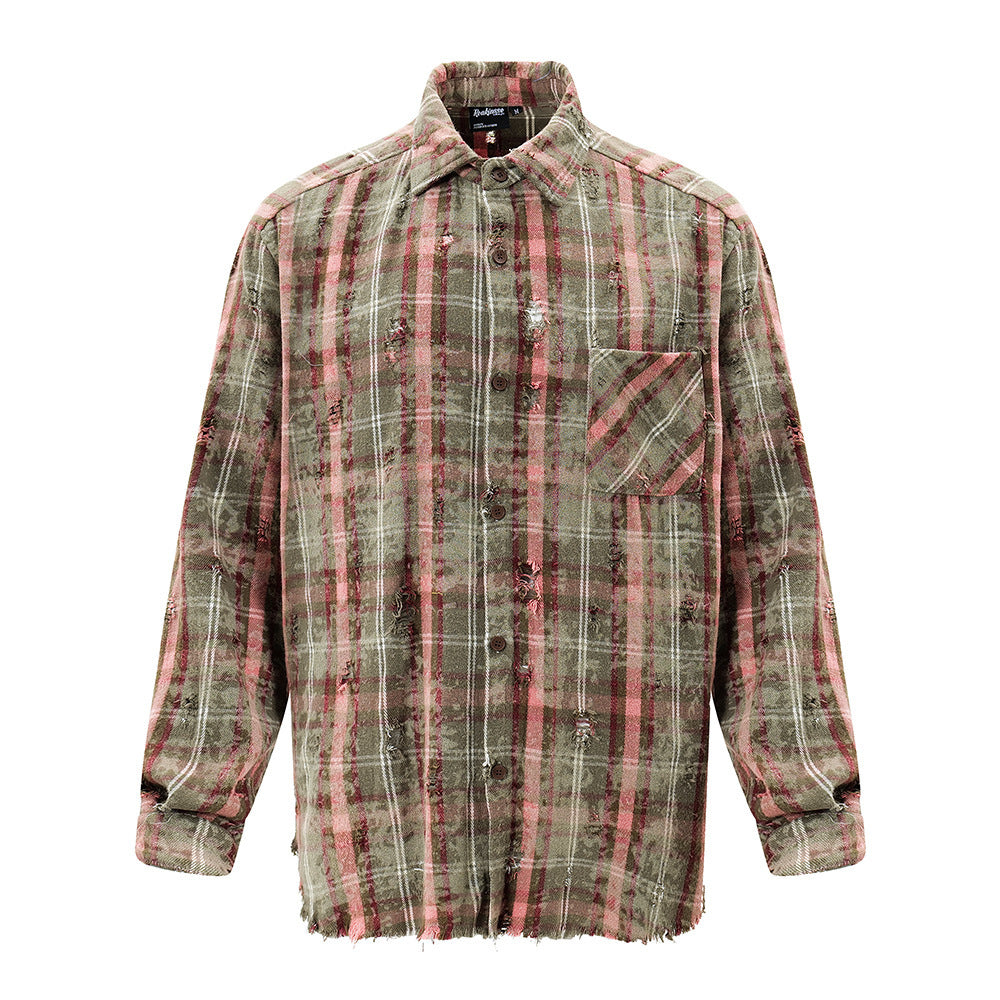 Tie-dyed Plaid Long-sleeved Shirt For Men