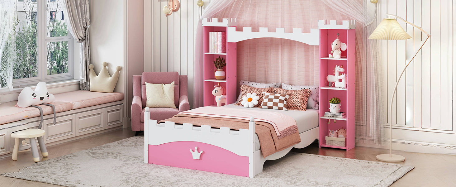 Cama de madera en forma de castillo con estante de almacenamiento, cama de plataforma de tamaño doble de ensueño para dormitorio infantil, rosa y blanco