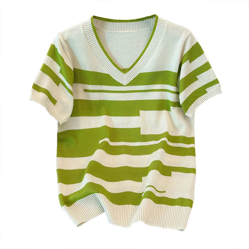 Short Sleeve Splicing stripe Oversized Women Sweater