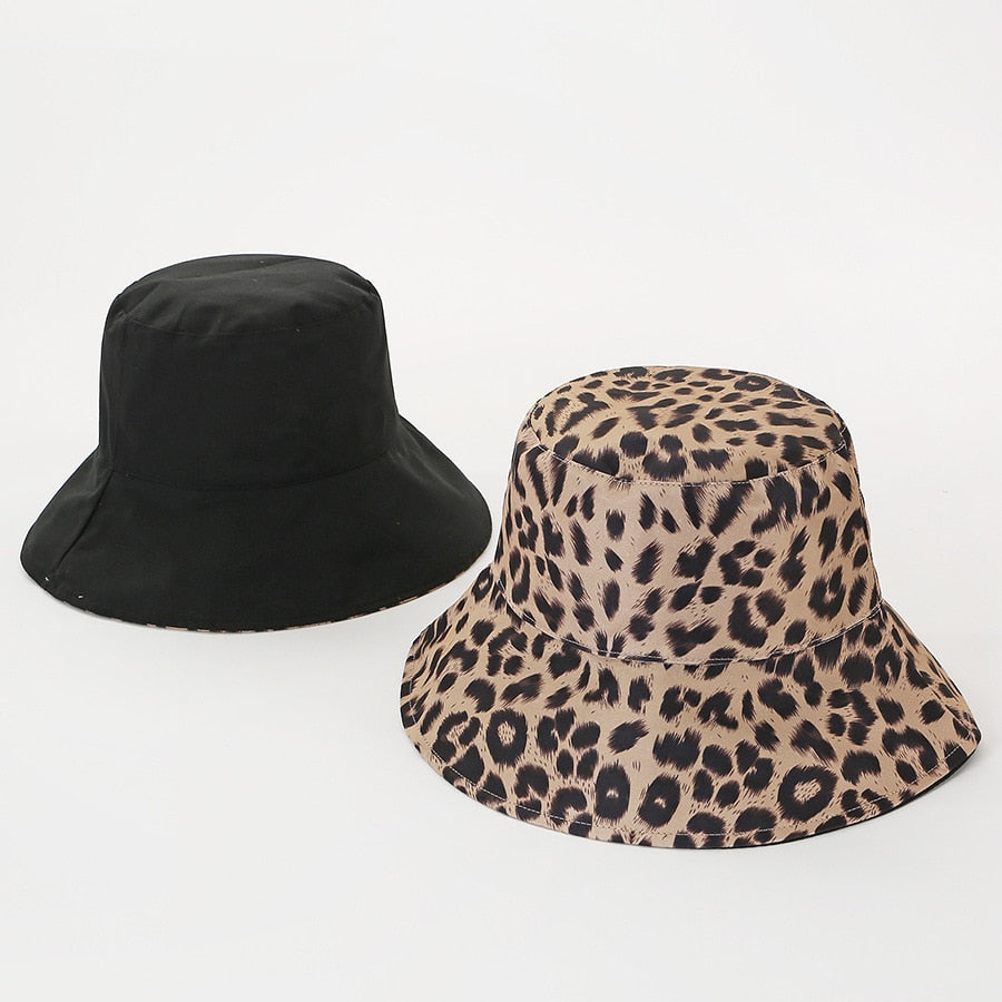 Chapeau seau léopard noir à deux côtés pour femmes et hommes, chapeau de soleil réversible Panama, chapeau d'été pour dames, protection solaire de plage, chapeaux de pêcheur 