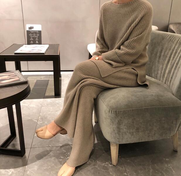 Women Knitted Autumn Winter O-neck Sweater 2 Piece Set  Fashion Solid Ladies Pullover Tops  Wide Leg Pants Home Suit