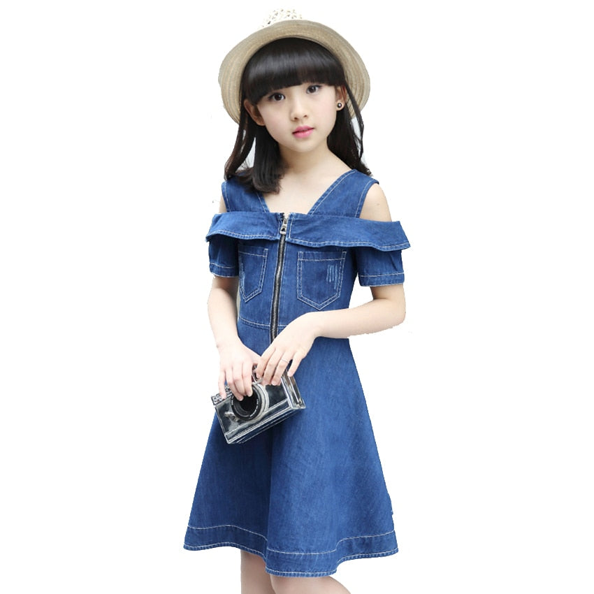 Girls Denim Dresses for Children Jean Clothes Casual Dress Blue Short Sleeve Jeans