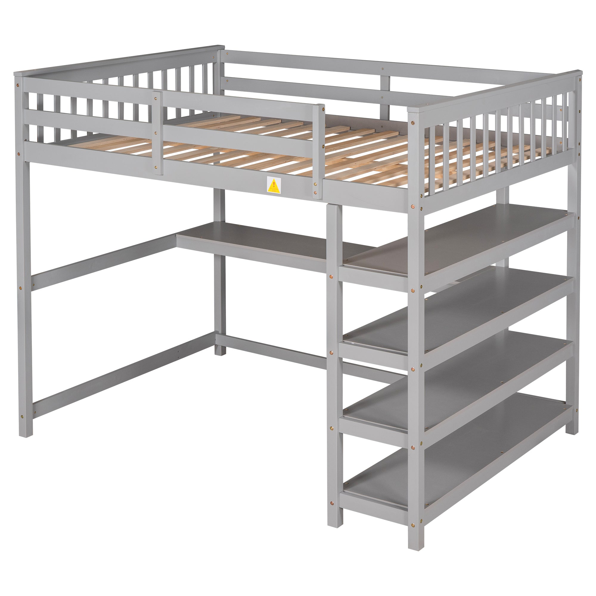 Full Size Loft Bed with Storage Shelves and Under-bed Desk, Gray