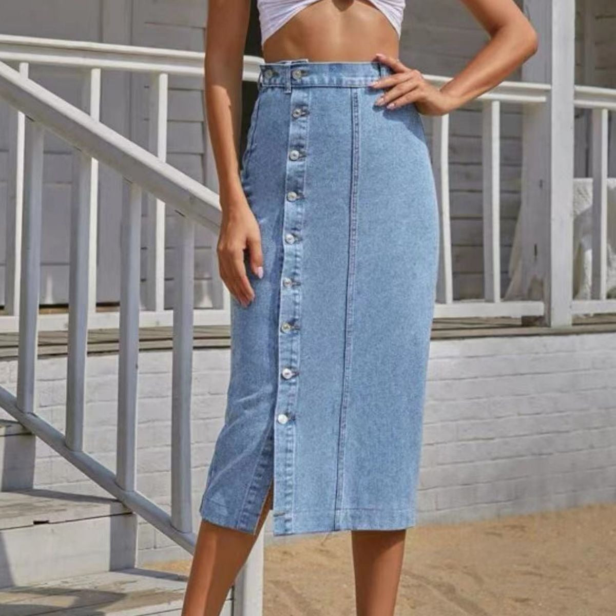 Summer New Women's Button Pack Hips Denim Skirt Fashion Slim Mid Length Jeans Skirt