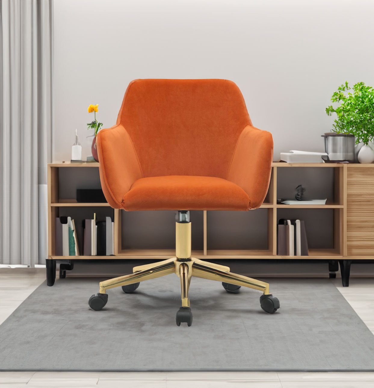 Silla de oficina para el hogar con altura ajustable y giratoria de 360 ​​grados, moderna, de tela de terciopelo, color naranja