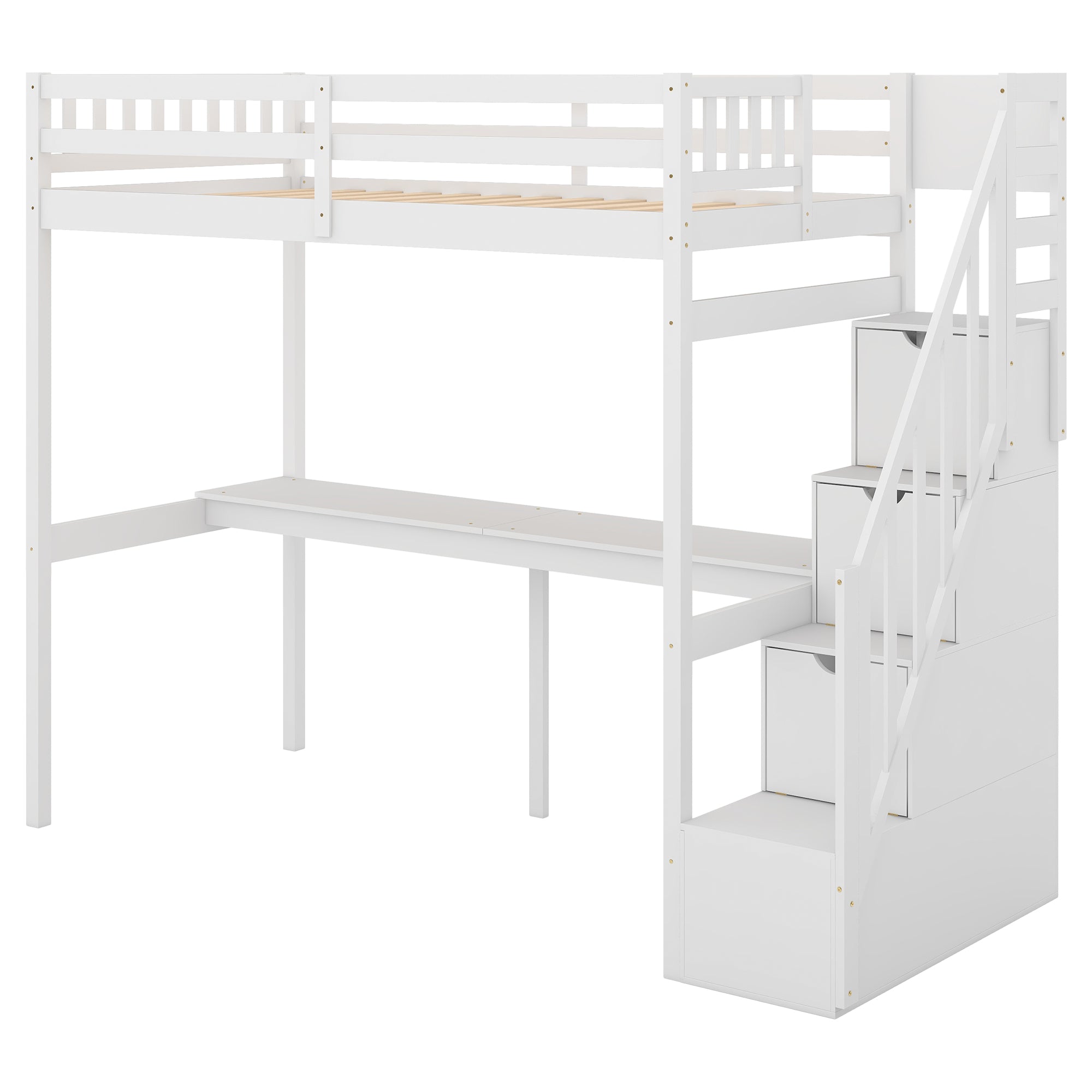 Twin Size Loft Bed with Storage Staircase and Built-in Desk, White