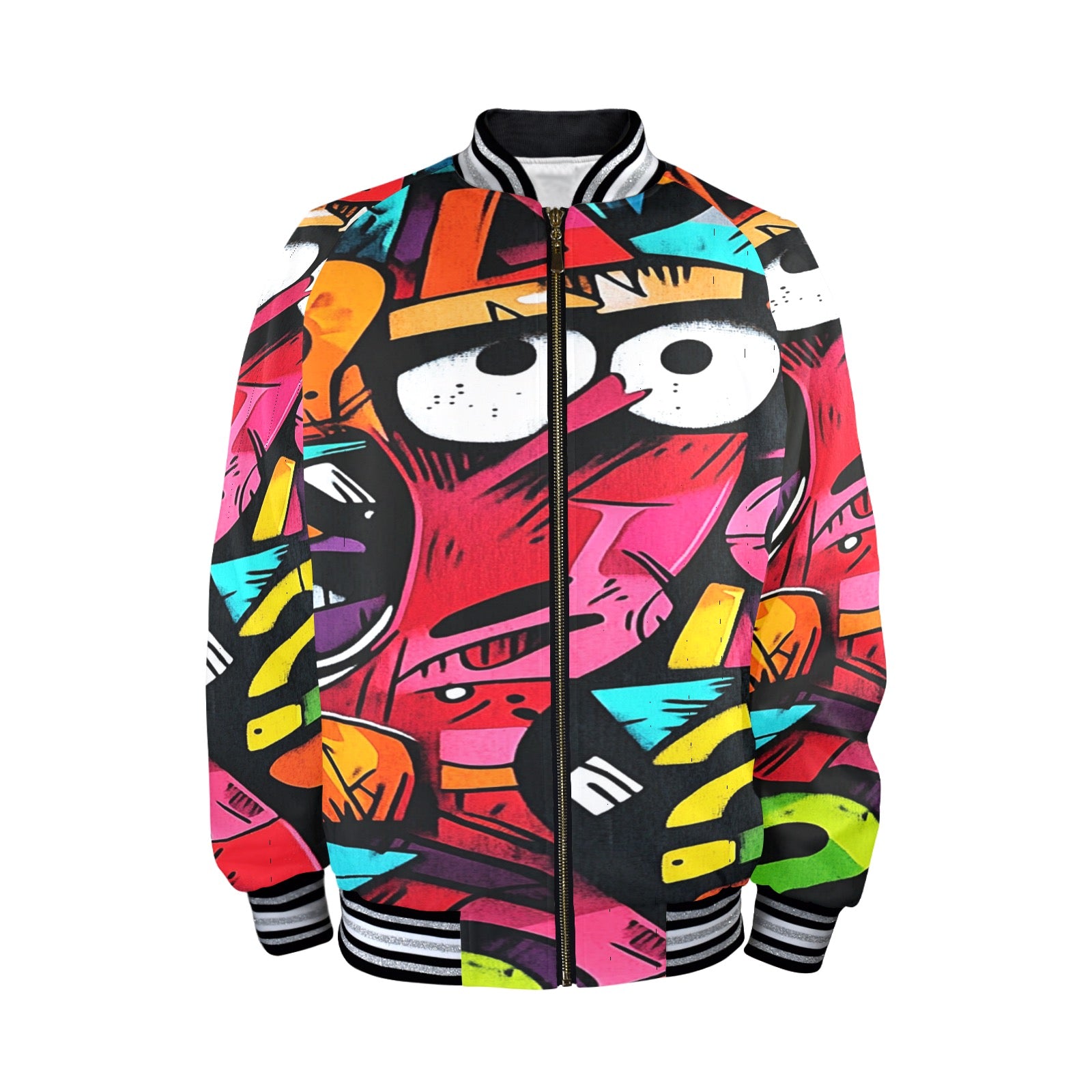 Qreatrz Graffiti Print Men's Striped Trim Bomber Jacket