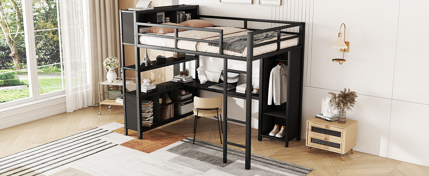 Metal loft bed with wardrobe and L-shaped desk, full-size loft bed with storage cabinet and shelf, heavy-duty loft bed, black