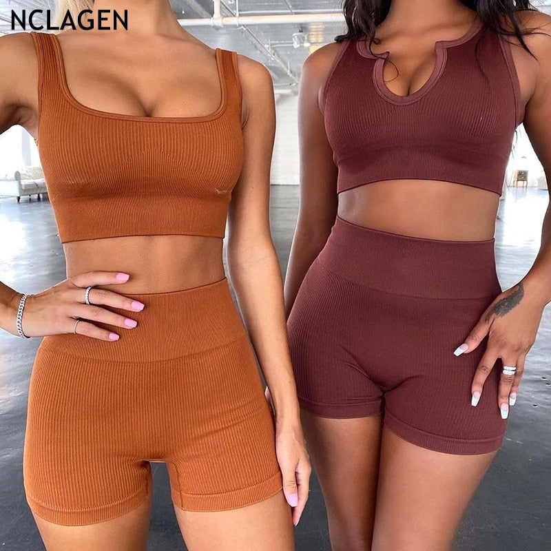 Conjunto de dos piezas Ins Tejido sin costuras Sexy Gimnasio Deporte Entrenamiento Correr Deportes Sujetador corto Traje de yoga Chándal Cuello en U Fitness 