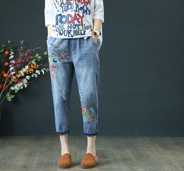 Summer Womens Jeans Denim Retro Embroidery Drawstring Holes Loose Comfort Casual Cowboy Female Seven Plus Size Women pants