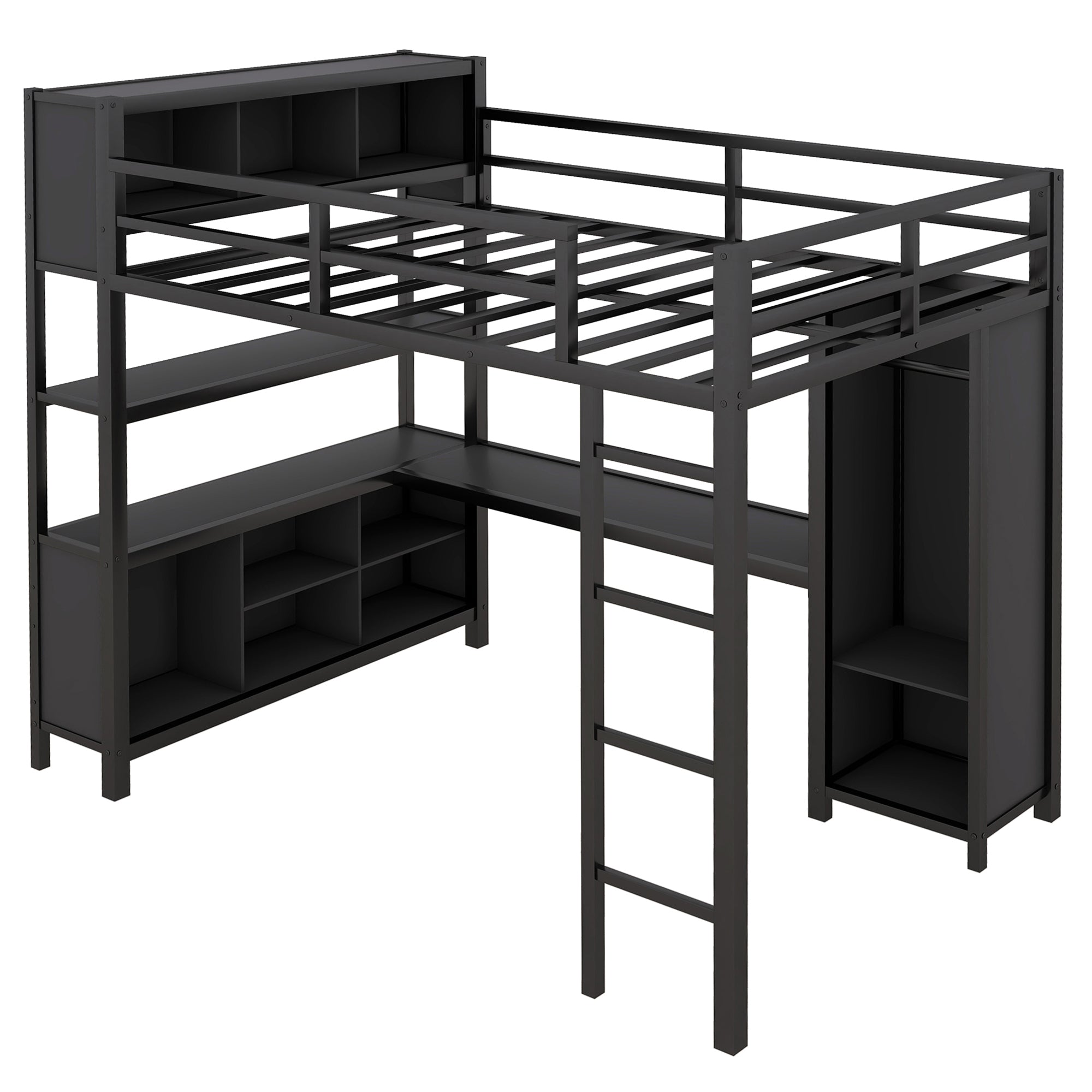 Metal loft bed with wardrobe and L-shaped desk, full-size loft bed with storage cabinet and shelf, heavy-duty loft bed, black