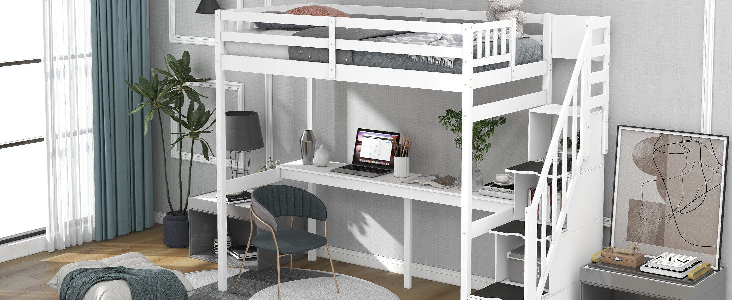 Twin Size Loft Bed with Storage Staircase and Built-in Desk, White