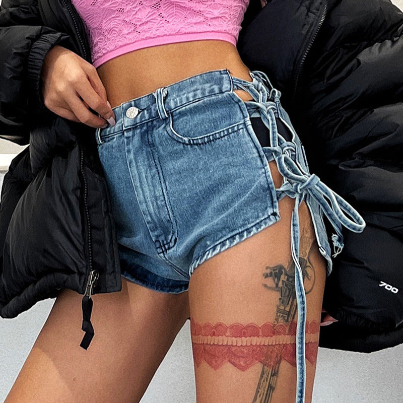 Sexy Western Style Super Shorts Spring And Summer New Side Straps White And Blue Ladies Jeans