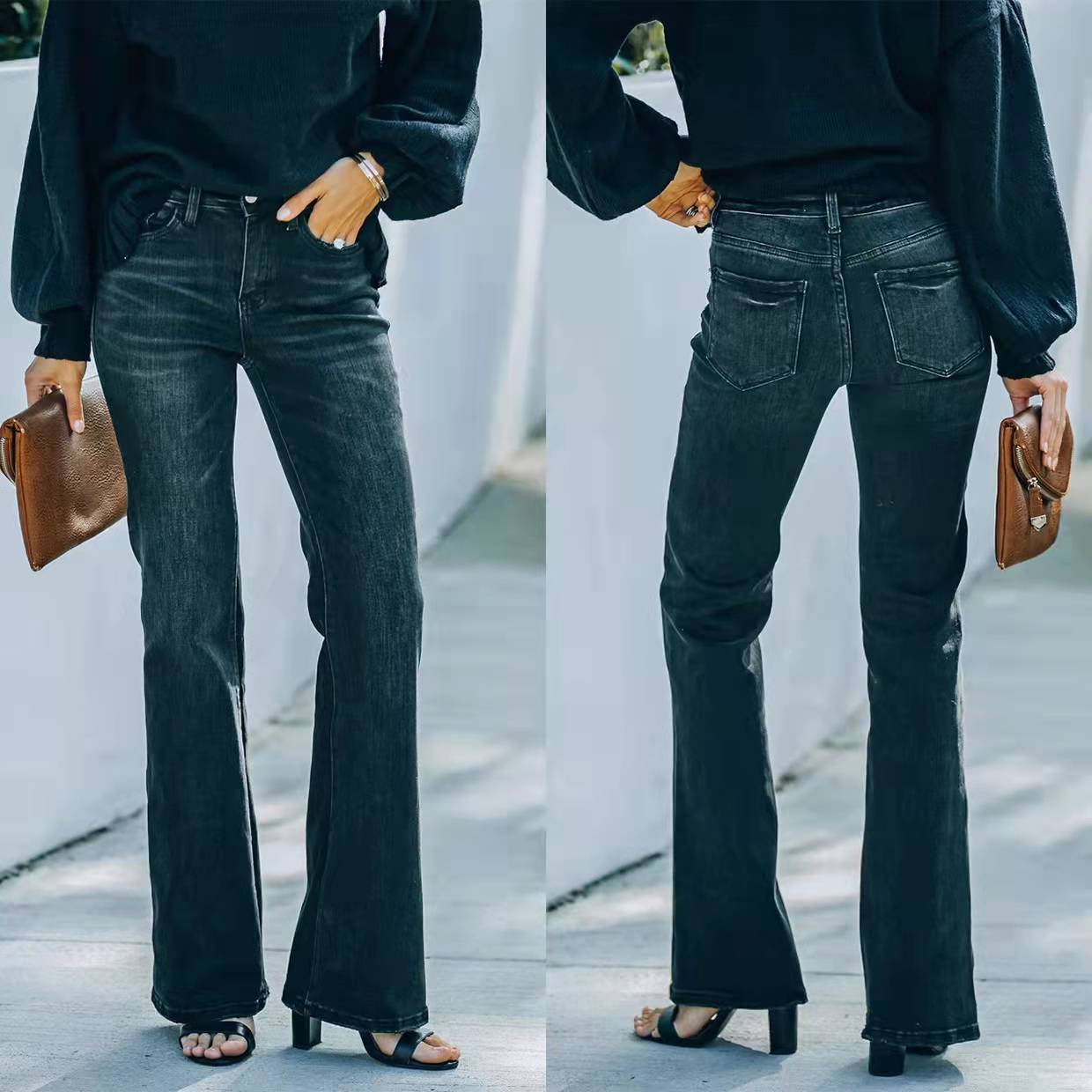 Fashion High Waist Stretch Flare Jeans Women Trousers Black