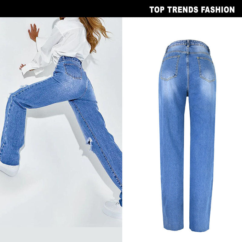 Women's High Waist Straight Jeans Women's Loose Daddy Pants Washed Street Hole Spring and Autumn Carrot Pants