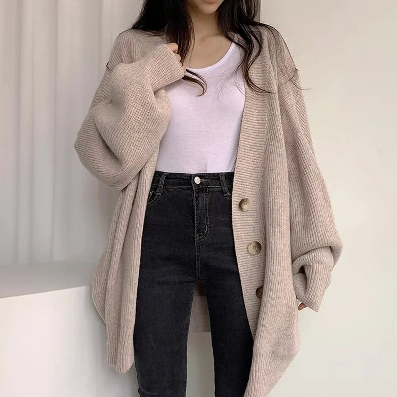 Solid Color Lazy Sweater Coat Women Autumn Winter New Loose Fit Large Size Knitted Cardigan Jumpers