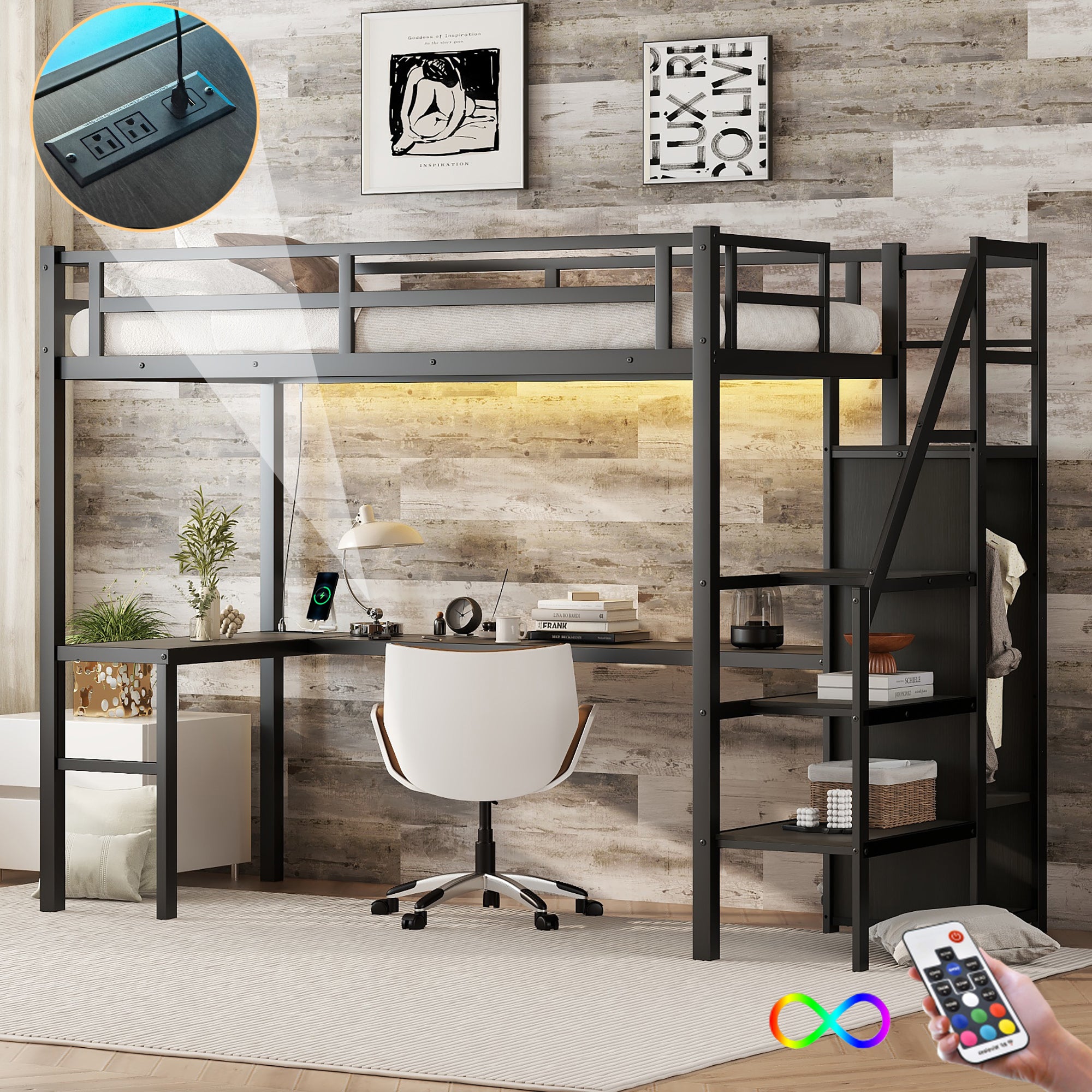 Twin XL loft bed with L-shaped desk and USB, metal loft bed with wardrobe and adjustable shelf, LED loft bed, black