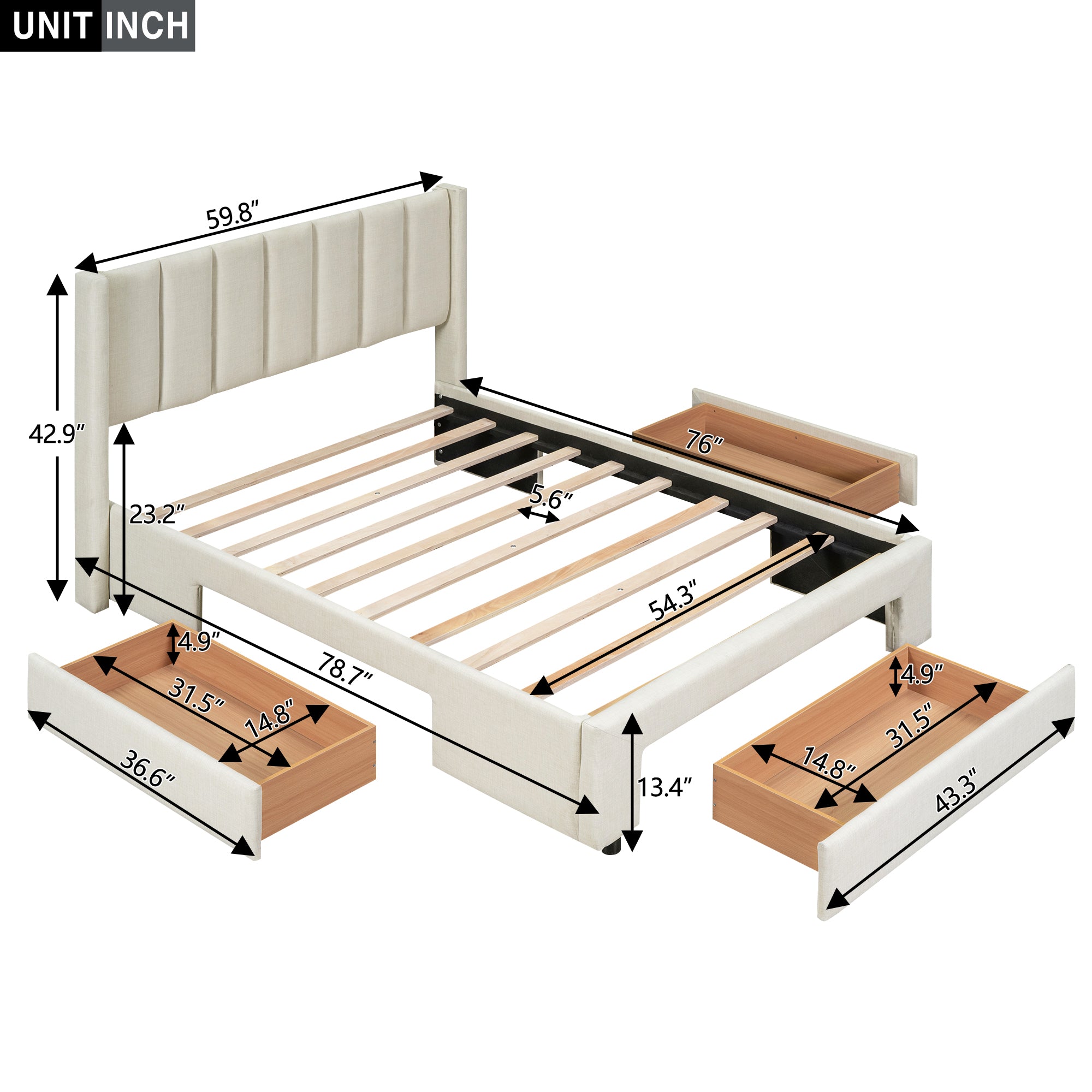 Full Size Upholstered Platform Bed with One Large Drawer in the Footboard and Drawer on Each Side Beige