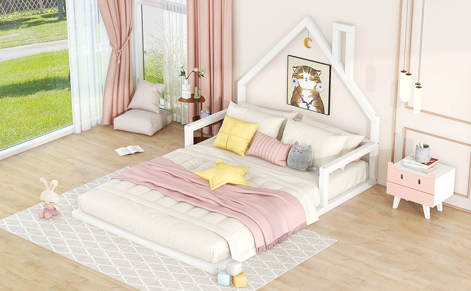 Full Size Wood Floor Bed with House-shaped Headboard  White