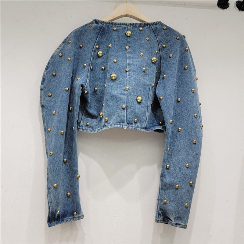 Manteau en jean à rivets et perles pour femme, veste en jean bleu à col rond court et manches bouffantes, irrégulière et à un seul bouton, printemps