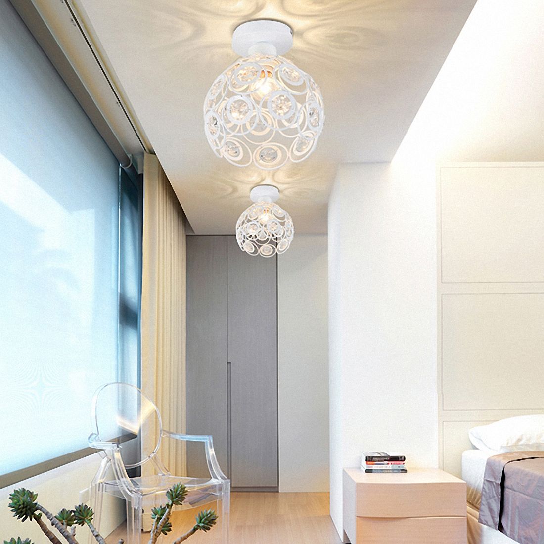 E27 Creative Crystal Minimalist Ceiling Light Simple Ceiling Lamp Bedroom Alley Simple European White Iron Lamp Crystal Lamp