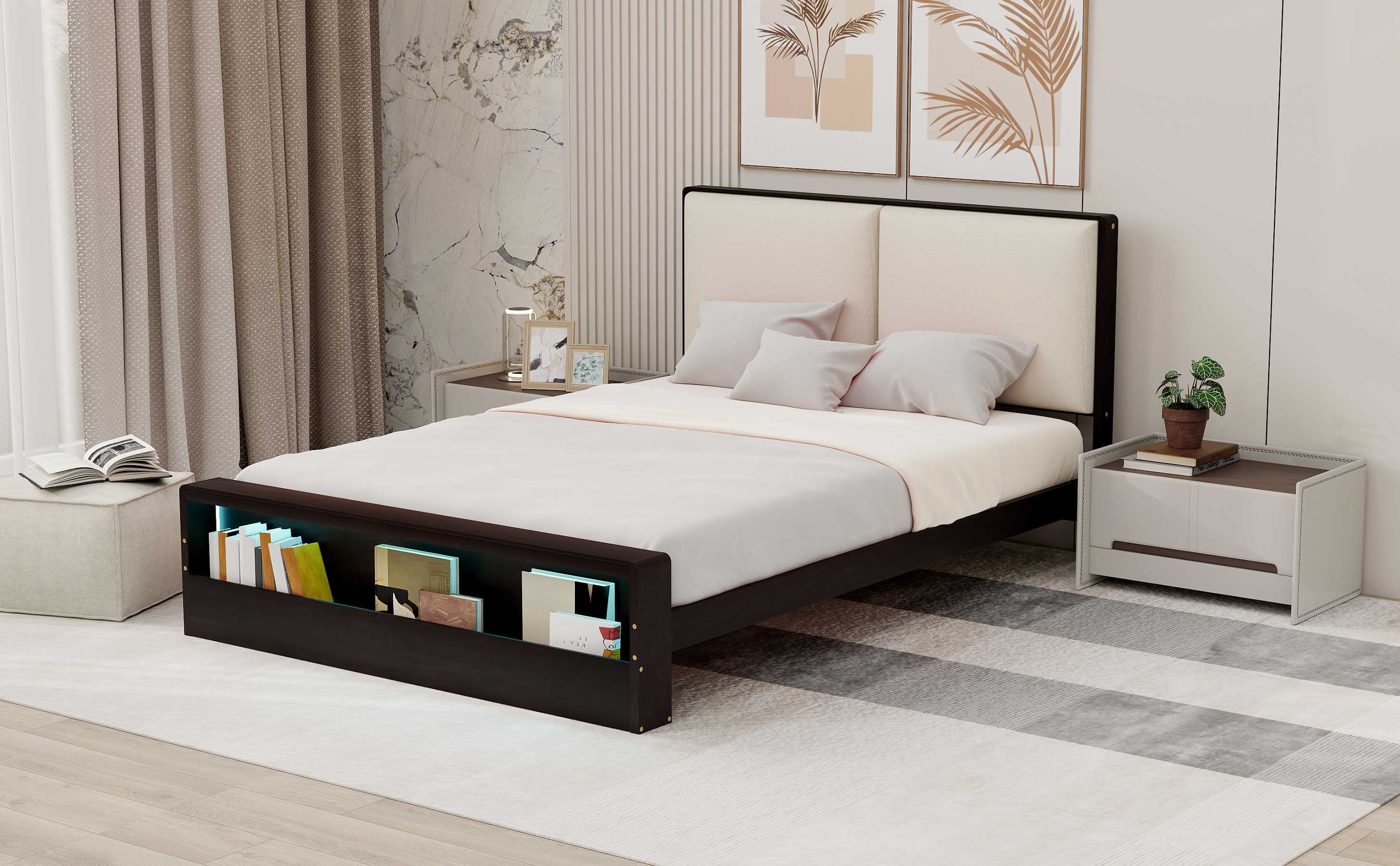 Queen Size Platform Bed Frame with Upholstery Headboard and Bookshelf in Footboard and LED Light Strips, Espresso