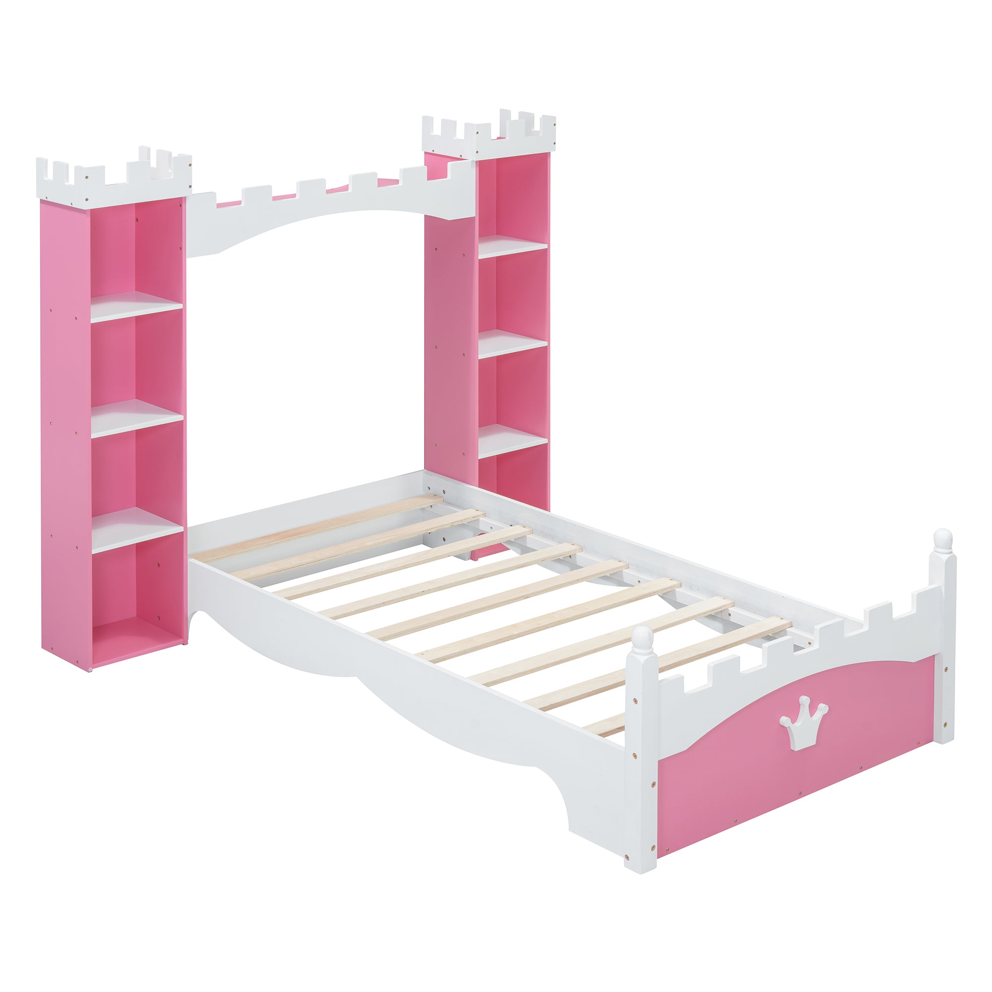 Cama de madera en forma de castillo con estante de almacenamiento, cama de plataforma de tamaño doble de ensueño para dormitorio infantil, rosa y blanco