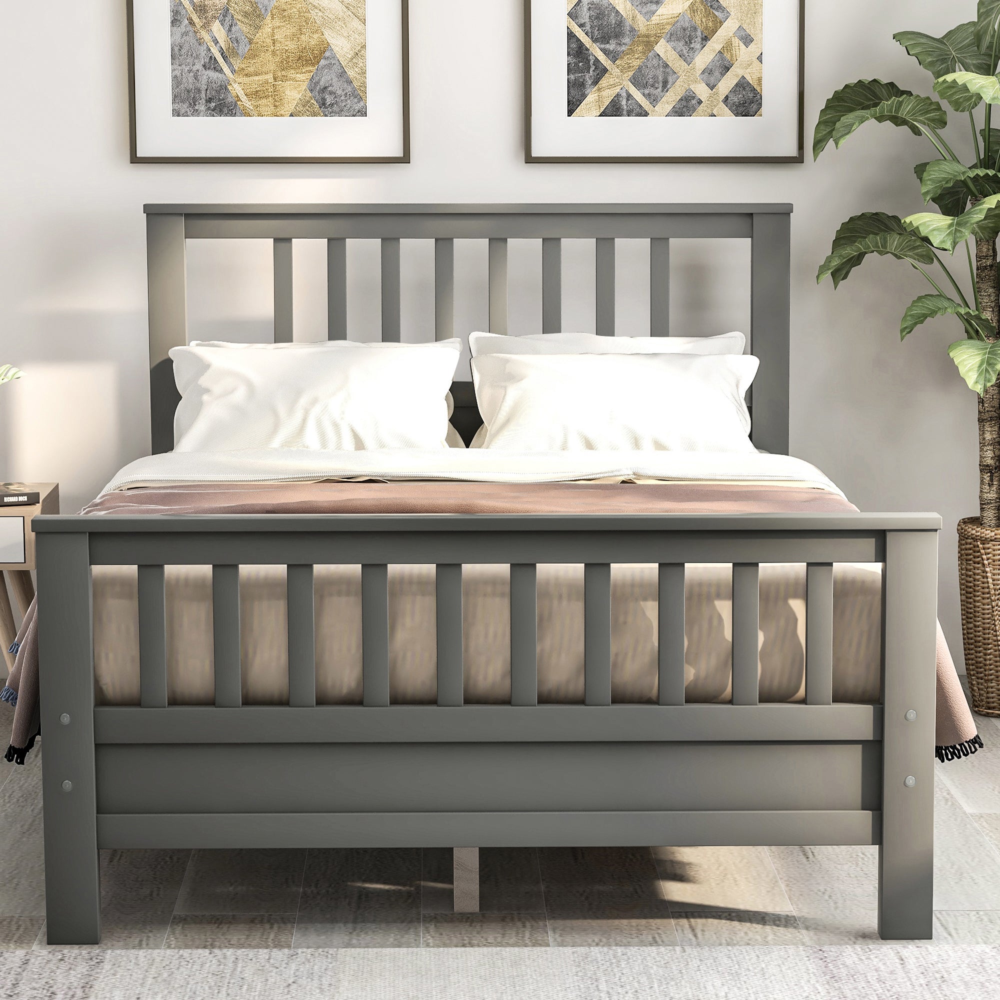 Wood Platform Bed with Headboard and Footboard  Full (Gray)