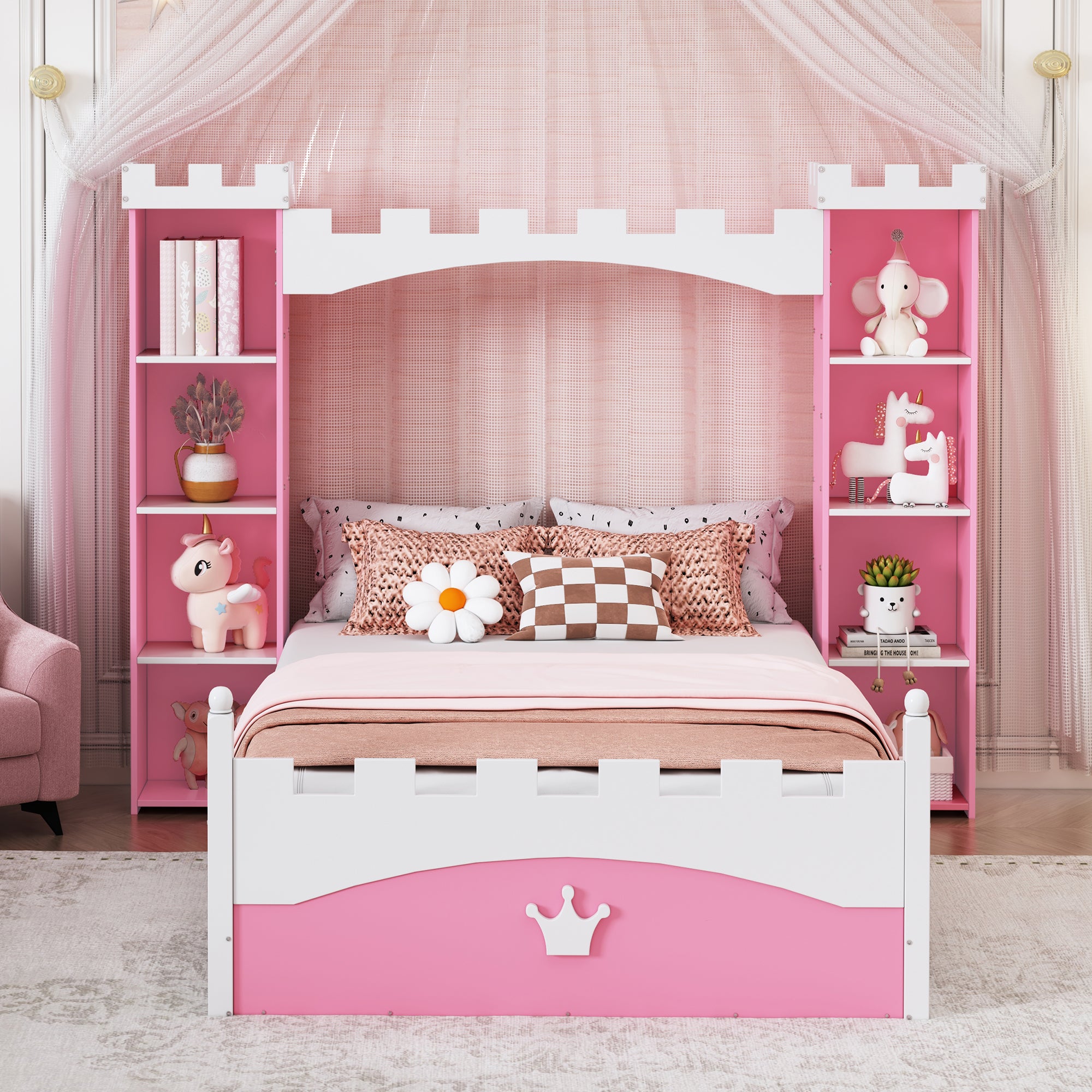 Cama de madera en forma de castillo con estante de almacenamiento, cama de plataforma de tamaño doble de ensueño para dormitorio infantil, rosa y blanco