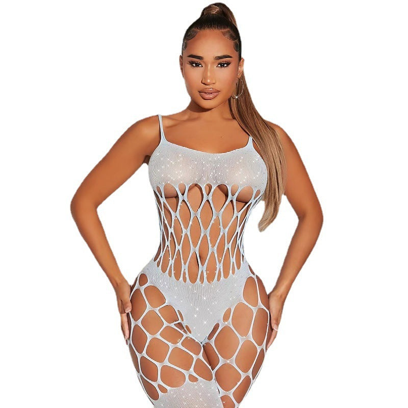 Sexy Hollow Hook Mesh  Hot Rhinestone One-piece Sexy Lingerie