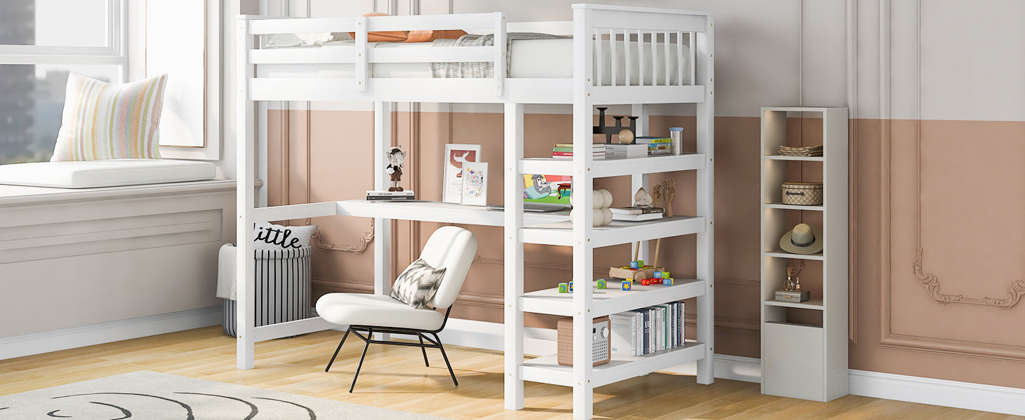 Twin Size Loft Bed with Storage Shelves and Under-bed Desk  White