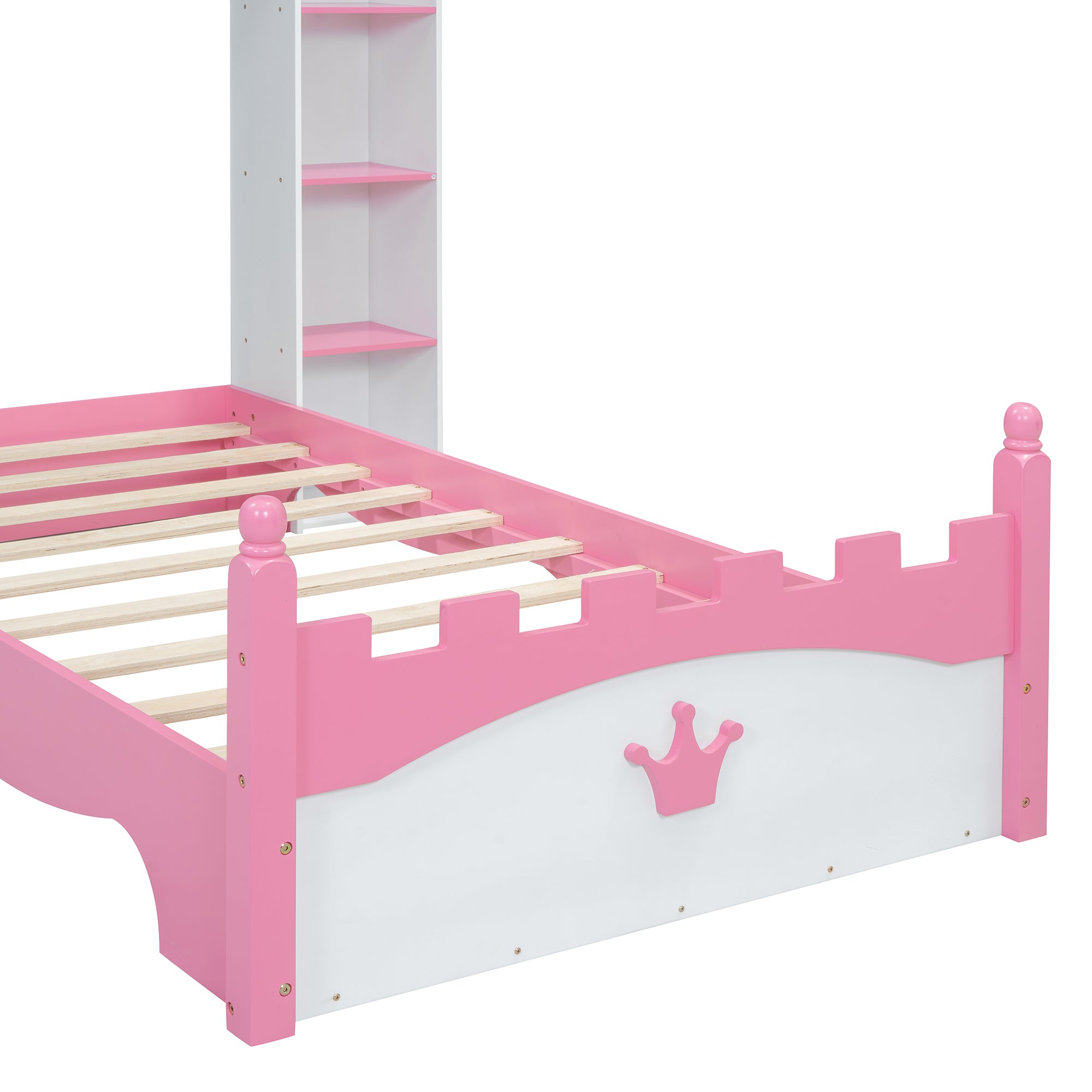 Castle-Shaped Wooden Bed with Storage Shelf, Dreamy Twin Size Platform Bed for Kids Bedroom, White + Pink