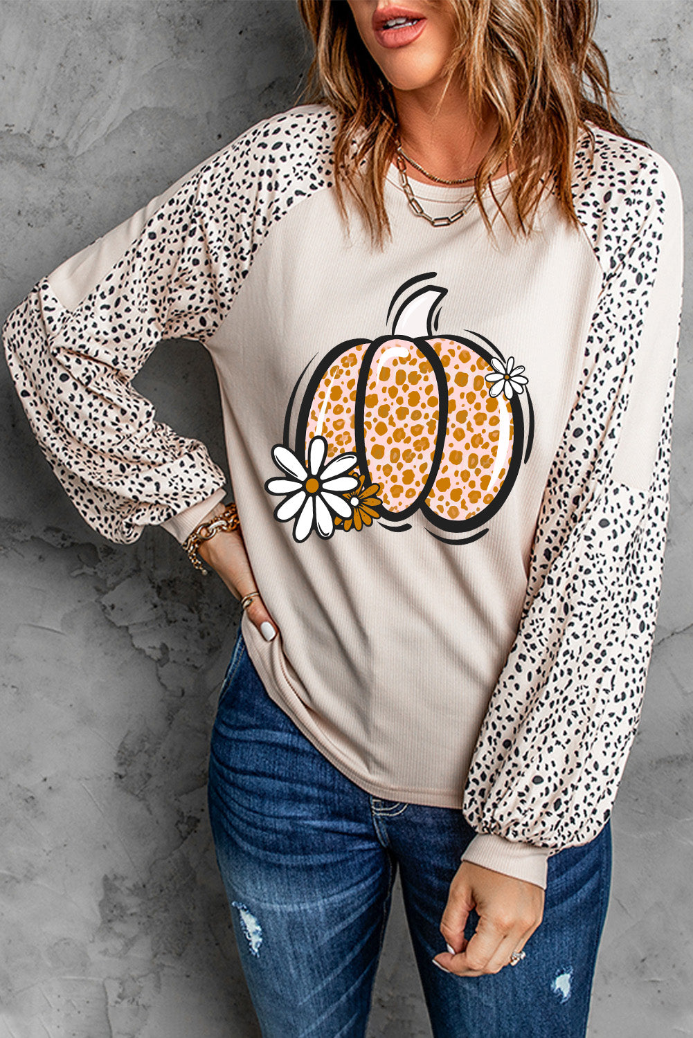 Blusa de manga larga con cuello redondo y estampado de calabaza