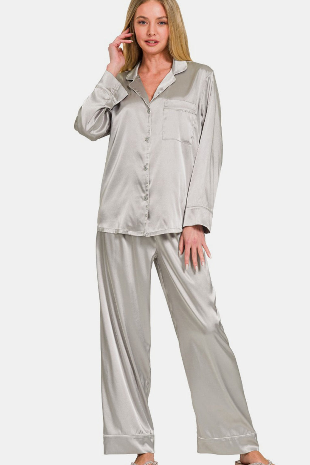 Ensemble pyjama chemise à manches longues et pantalon en satin Zenana