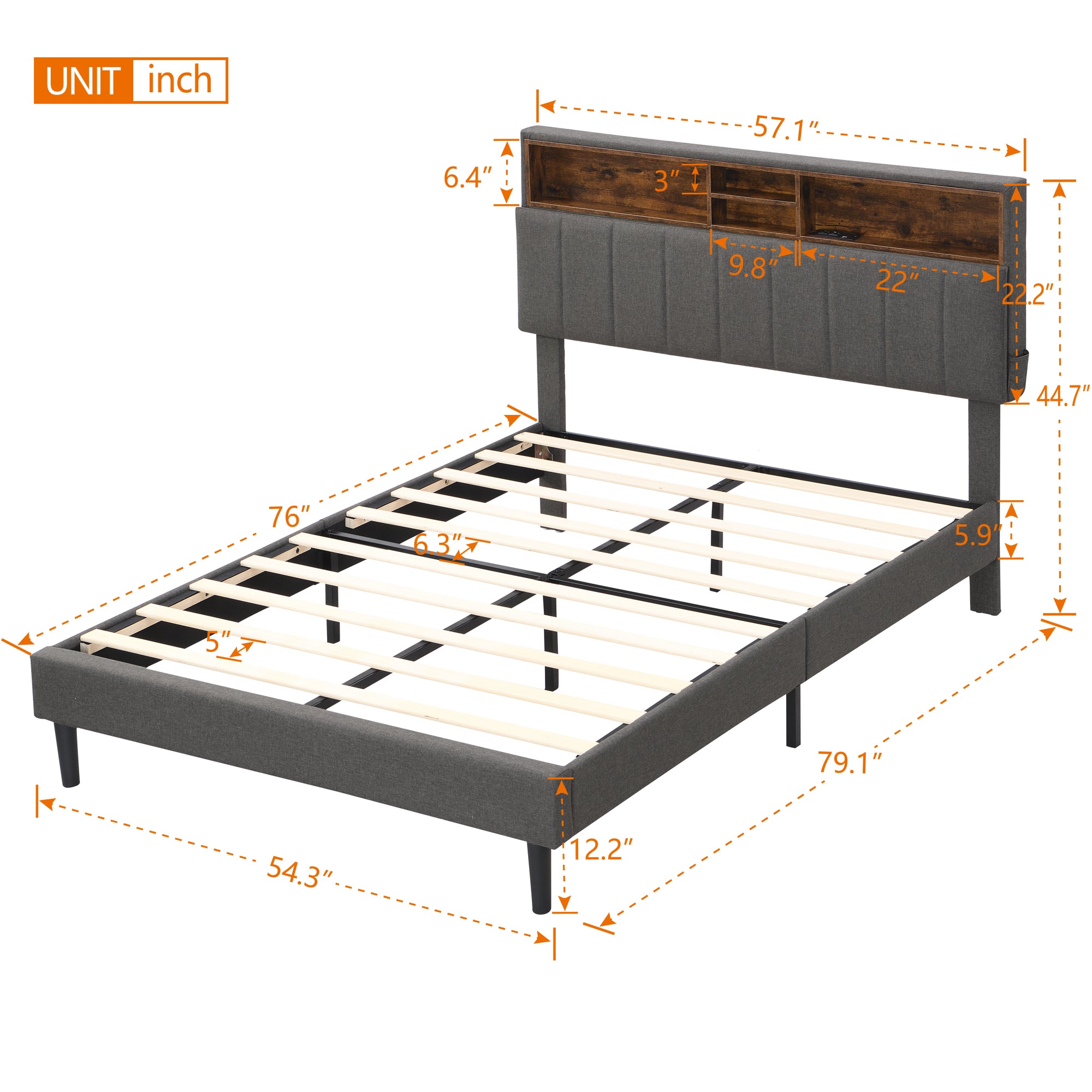 Full size Upholstered Platform Bed with Storage Headboard and USB Port Linen Fabric Upholstered Bed (Gray)