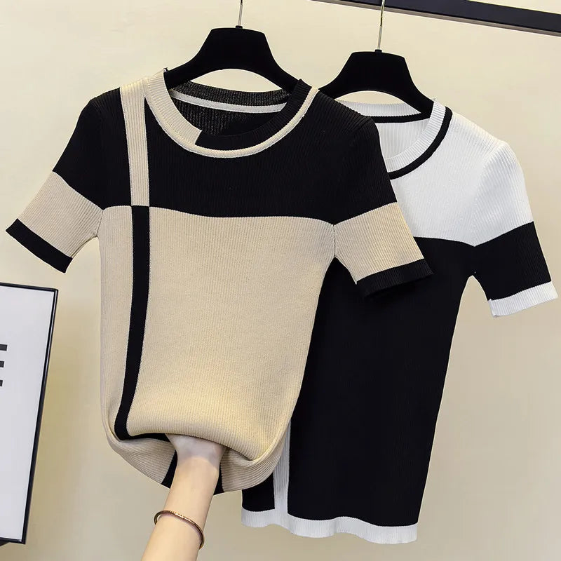 casual basic Summer thin Sweater Women Short sleeve o-neck Soft Knit Oversized sweater Pullovers Patchwork female Jumper top