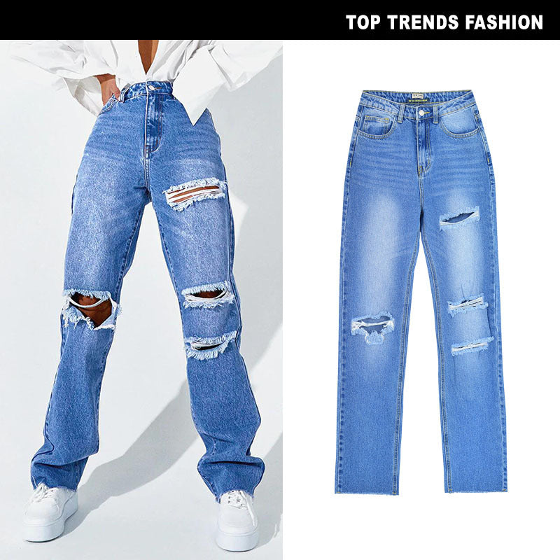 Women's High Waist Straight Jeans Women's Loose Daddy Pants Washed Street Hole Spring and Autumn Carrot Pants