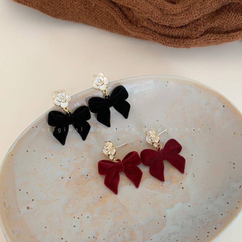 Floral Bowtie Camellia Earrings for Women in Autumn and Winter